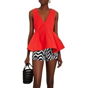 3.1 Phillip Lim Red Cotton Asymmetrical Peplum Top Size 4 Sleeveless V-Neck RTR